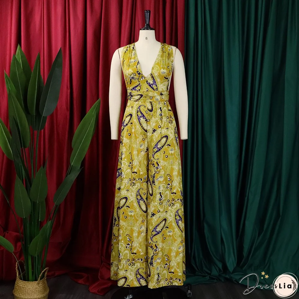 Plus Size Women African Print Halter Neck Beach Jumpsuit