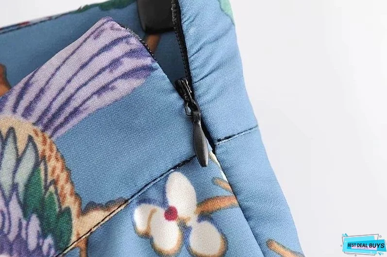 Autumn Bird Flower Print High Waist Side Zipper Loose Wide Leg Pants