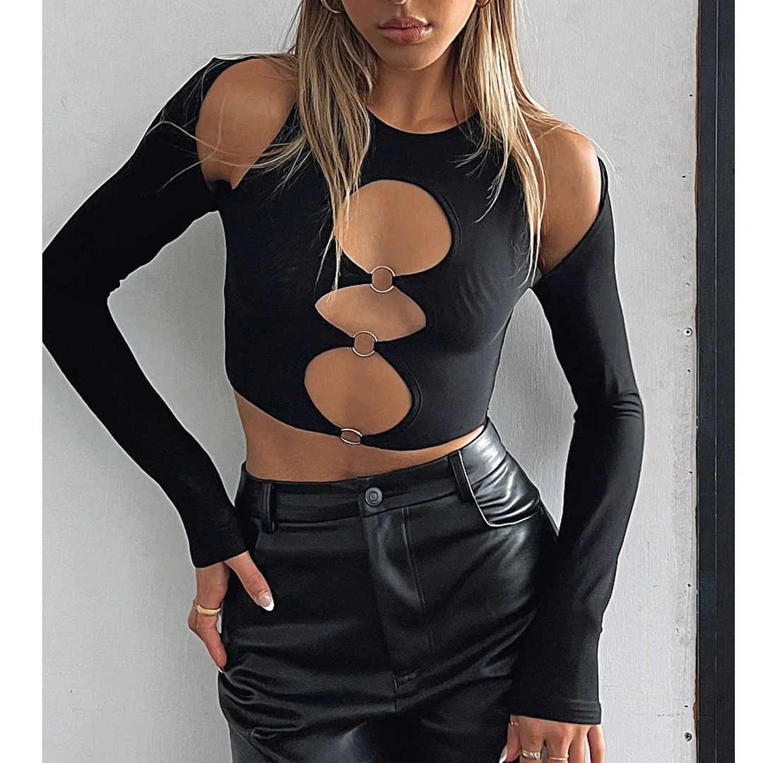 wsevypo Women Cutout Crop Tops Solid Color T-shirt Sexy Long Sleeve Round Neck Hollow Out Tees with Rings Streetwear Pullovers