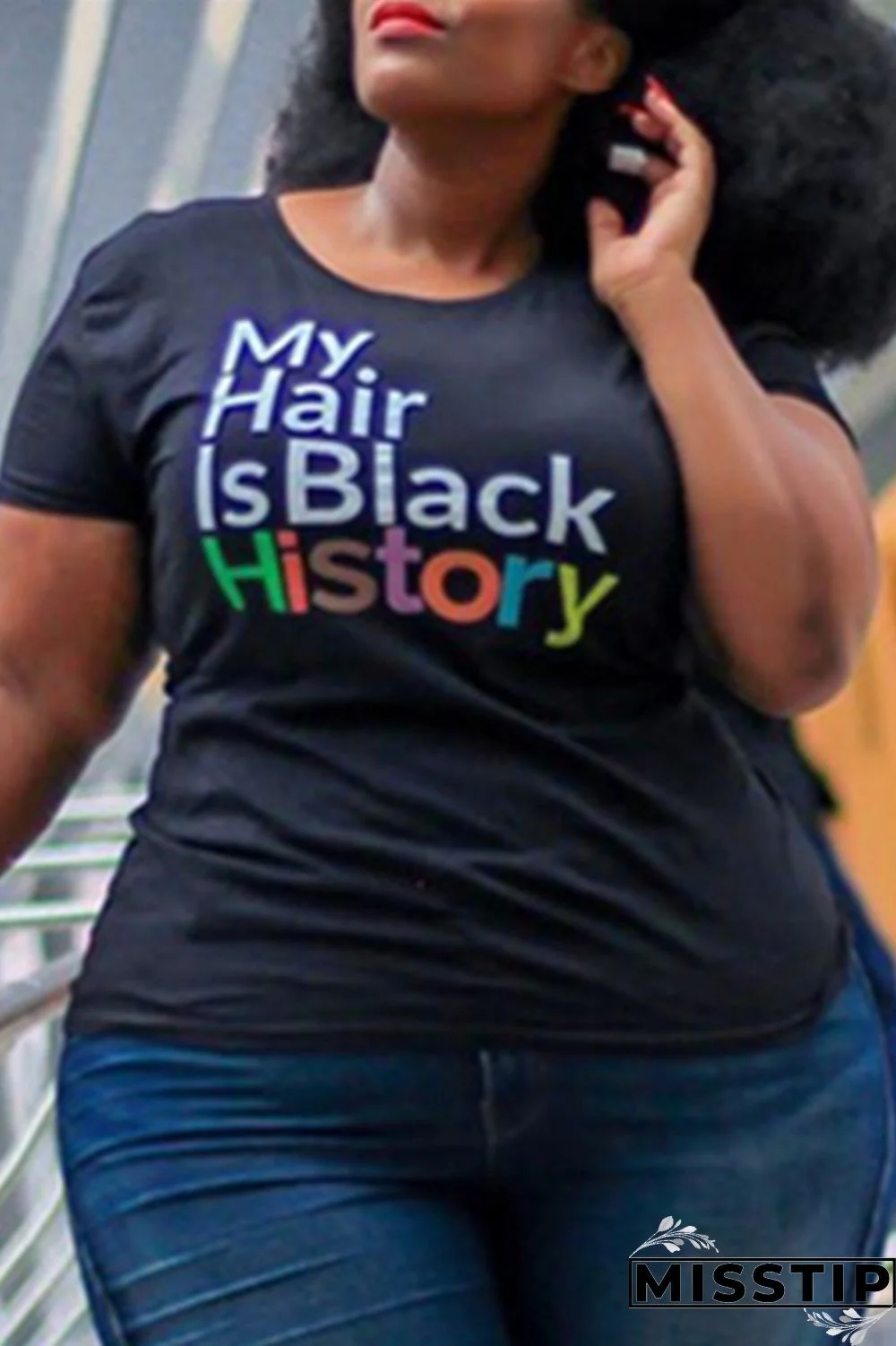 Letter Fashion Casual Printed Black Plus Size T-shirt