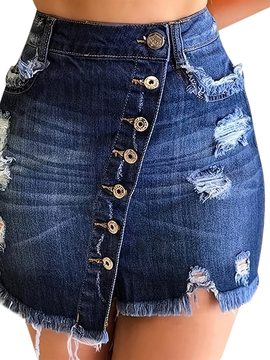 Women's Summer Solid Color Fringed Distressed Denim Bodycon Mini Skirt With Button Fastening | IFYHOME