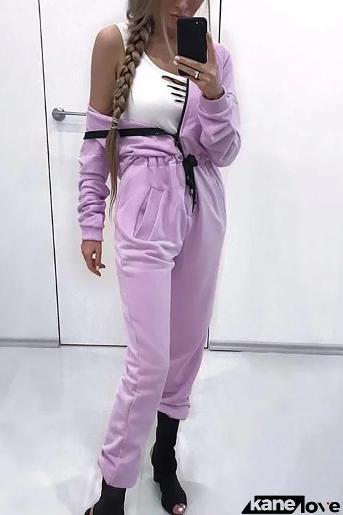 Purple Zipper Drawstring Jumpsuit