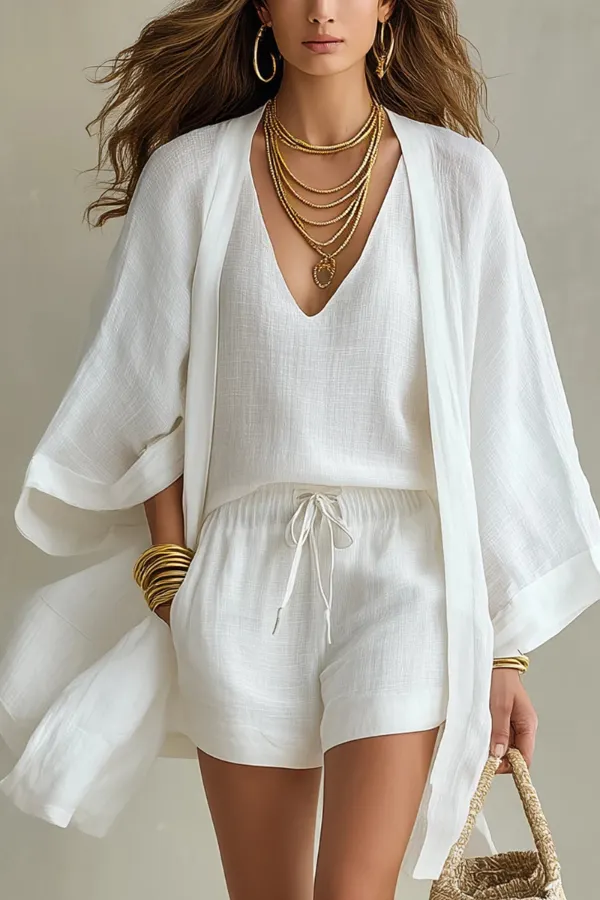 Linen Blend Solid Color V-neck Vest Loose Cardigan and Elastic Waist Pocket Casual Shorts Three-piece Set