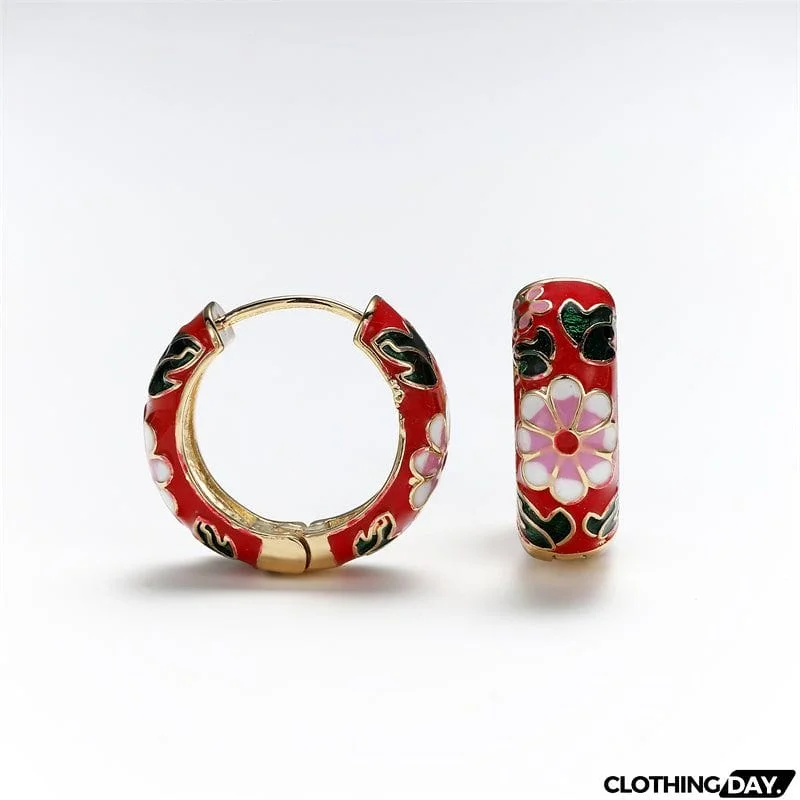 Vintage Enamel Flower Leaf Small Hoop Earrings