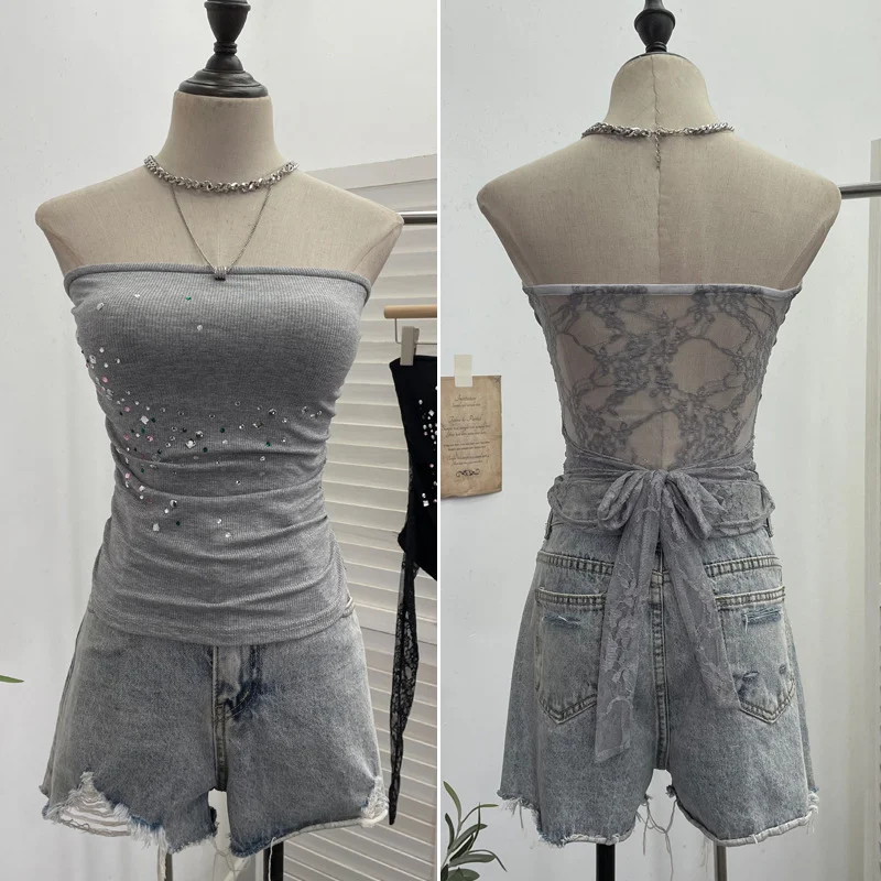 Nigikala Nigikala Diamond Splicing Lace-Back Strapped Braided Braided Braided Brae Folded Bra Sleeveless Top 1196