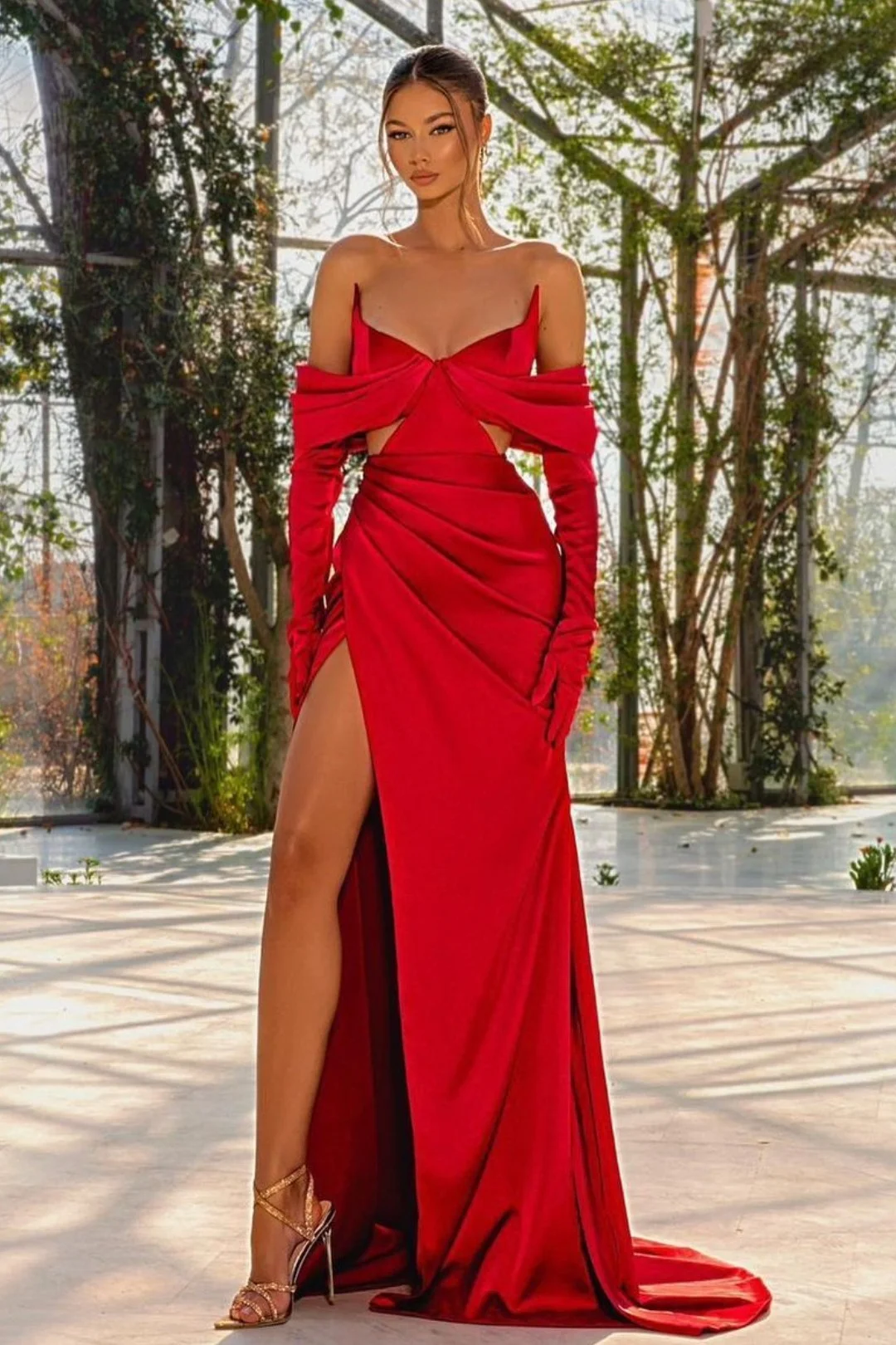 Prom Dress Red Half Sleeves Off-the-shoulder With Slit Pleated Gloves YL0182