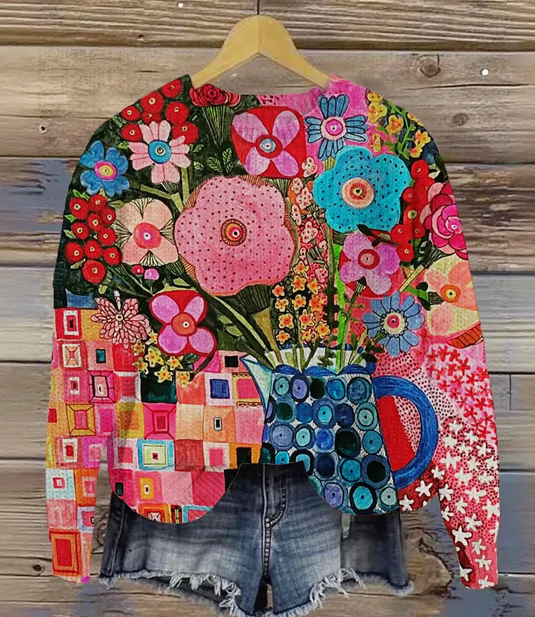 Vintage Lovely Flower Art Print Knit Pullover Sweater