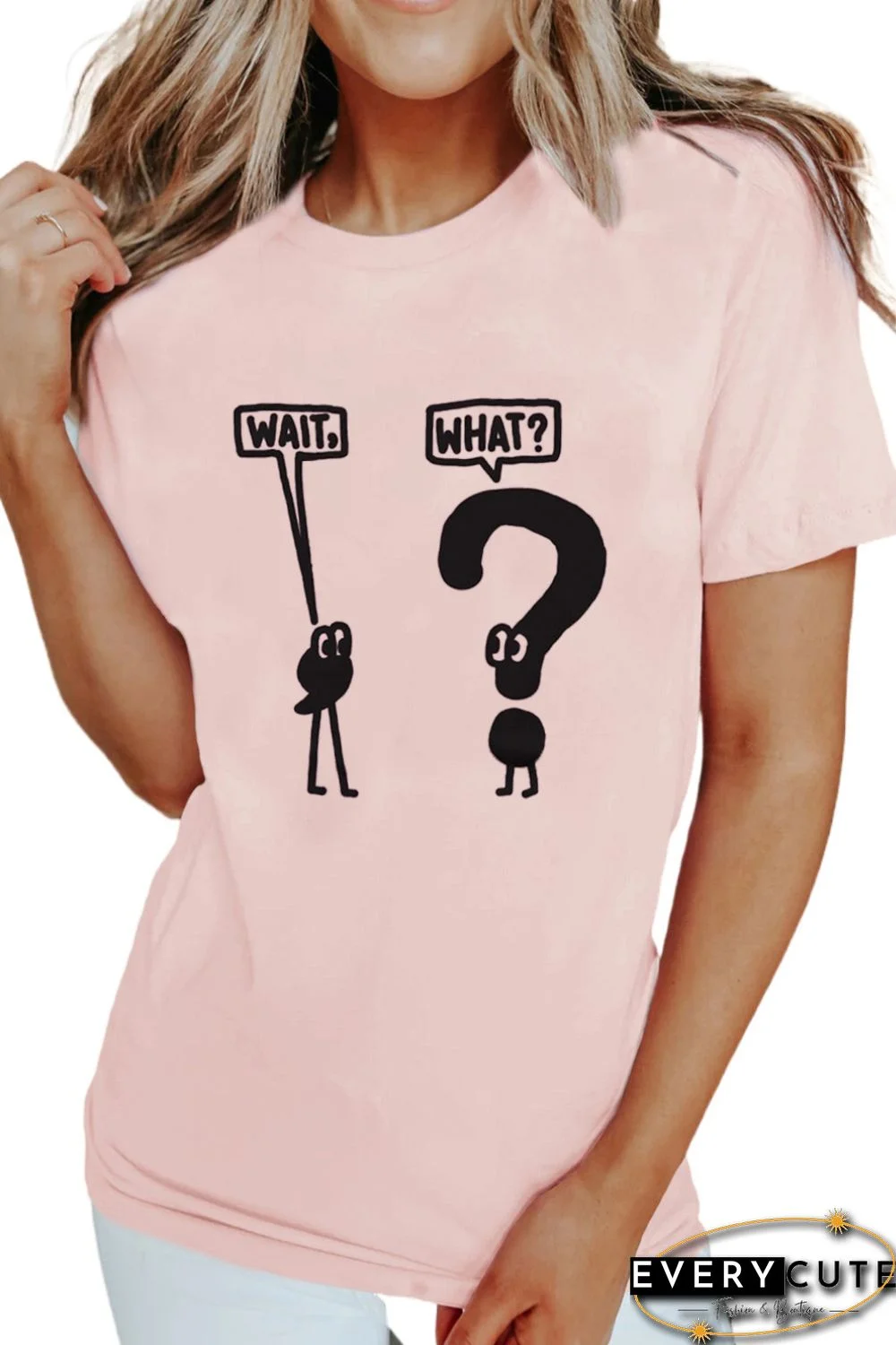 Pink Wait, What? Graphic Print Short Sleeve T-shirt