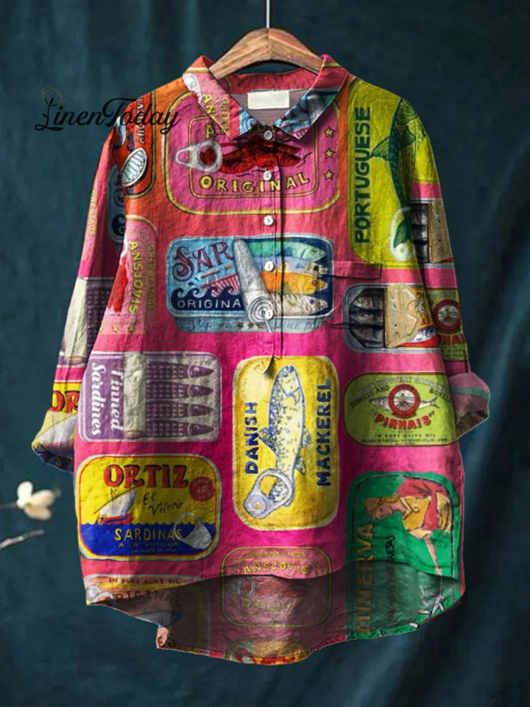 Women’s Fish Art Print Casual Cotton And Linen Shirt Multicolor / S