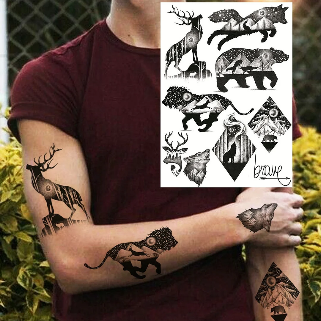 Realistic Fake Black Animal Temporary Tattoos Sticker For Men Women Geometric Wolf Outer Space Tatoo Temporary Decal For Kids
