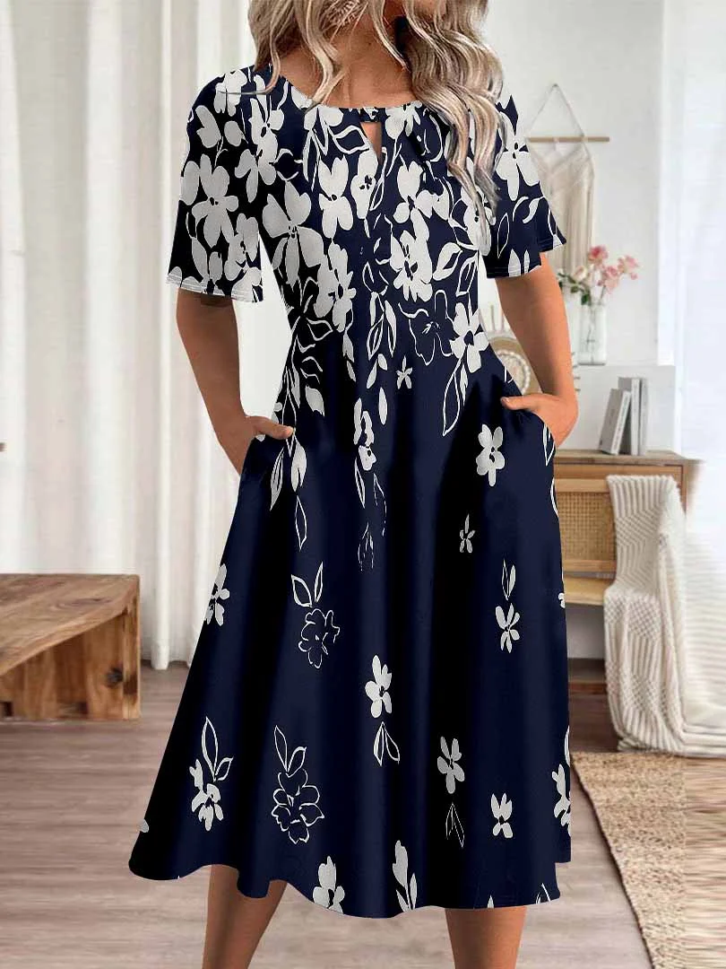 Women Floral,Blue DZHA8274 Short Sleeve Scoop Neck Graphic Printed Hollow Midi Dress
