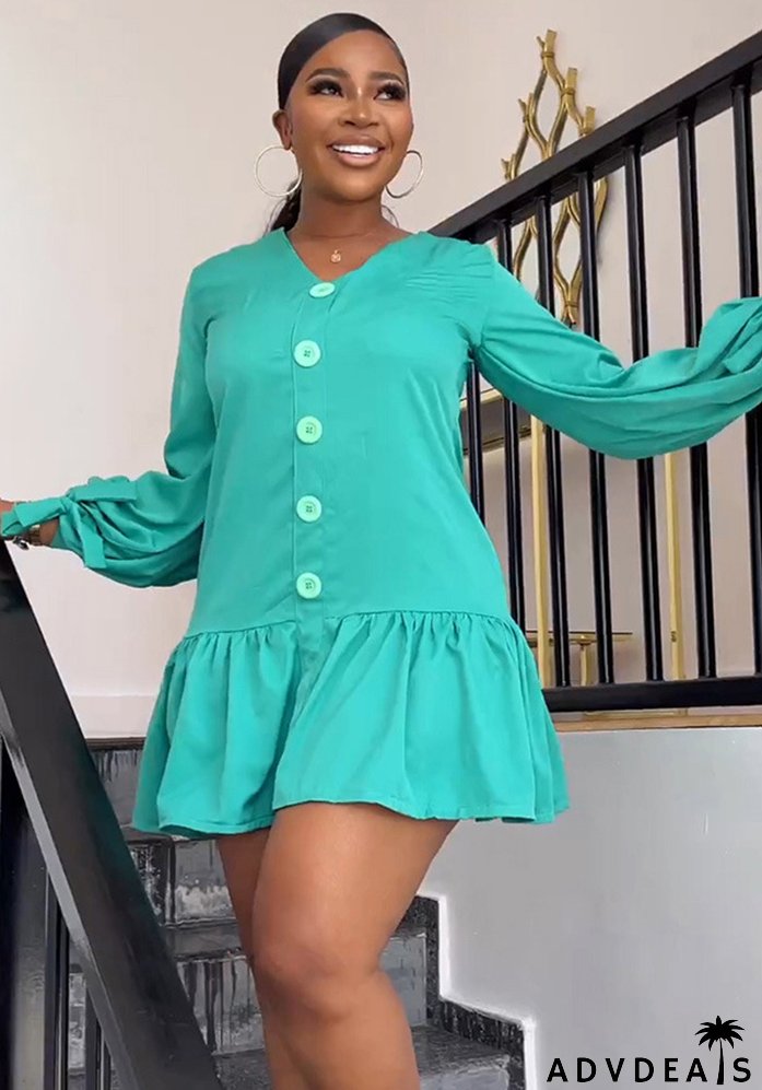 Women's Fashion Casual V-Neck Long Sleeve Ruffled Pleated Dress