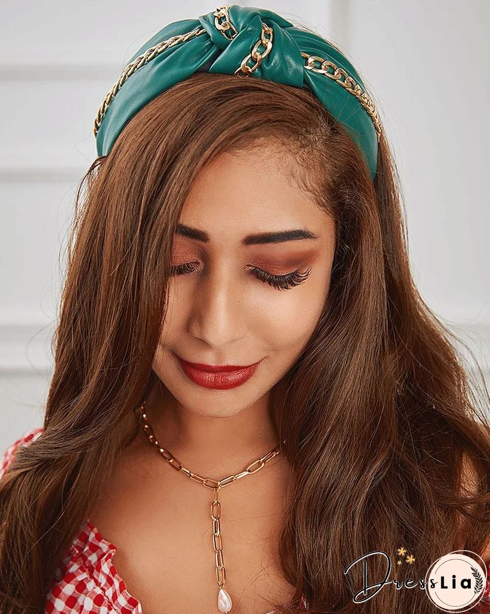 Chain Decor Twisted Wide Headband PU Leather Hair Accessory