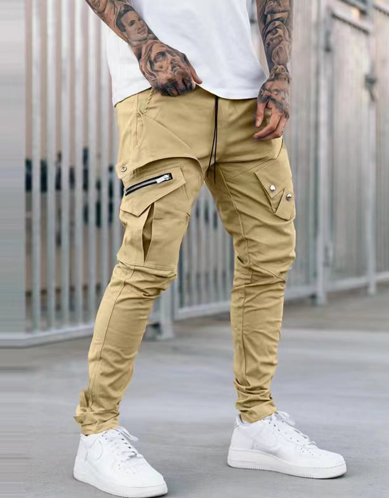 Men's Spring Solid Button Zipper Pocket Drawstring Waist Cargo Pants / TECHWEAR CLUB / Techwear