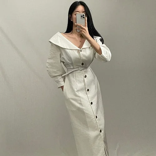 Chic Big Lapel Solid Color Puff Sleeve Single-breasted Long Dress