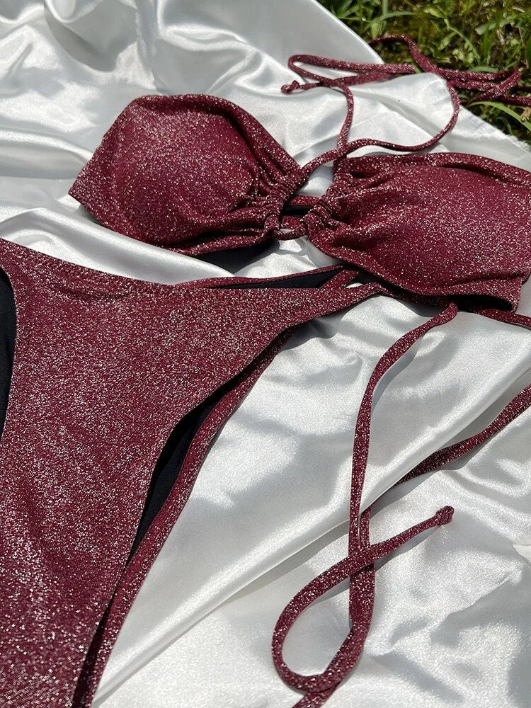 Miyouj High Cut Bikinis Sexy Woman Stretchy Swimsuit Women 2022 Swimwear Shiny Beachwear Thong Bathing Suit Push Up Bikini Sets