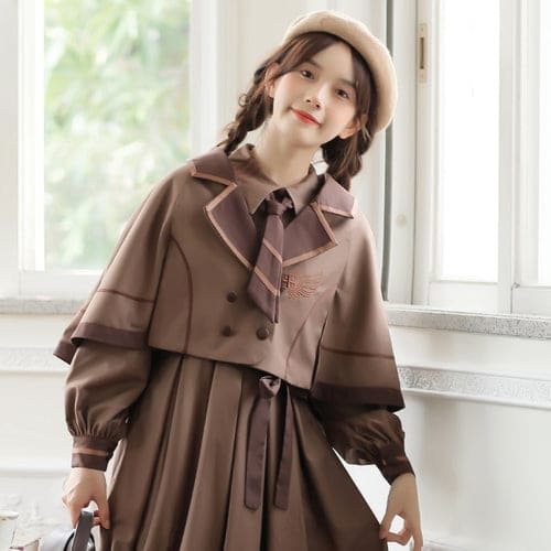 Retro Dark Academia Dress Autumn Long Sleeve Uniform Cloak Outfit E19023