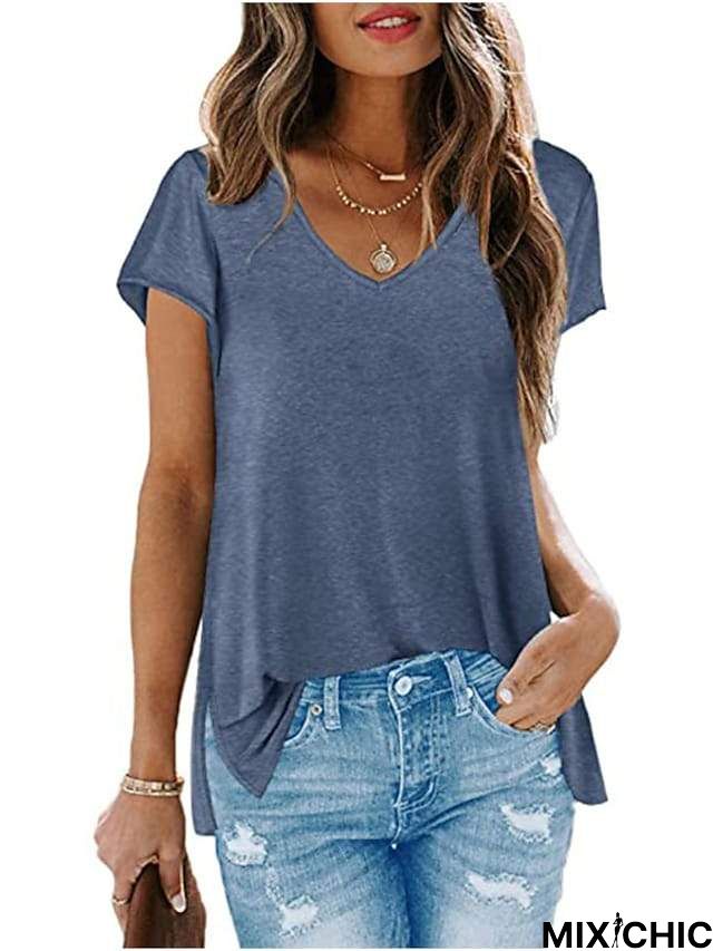 V Neck T Shirts for Women Loose Fit Soft Tops Basic Side Split Casual Summer Tees Green L