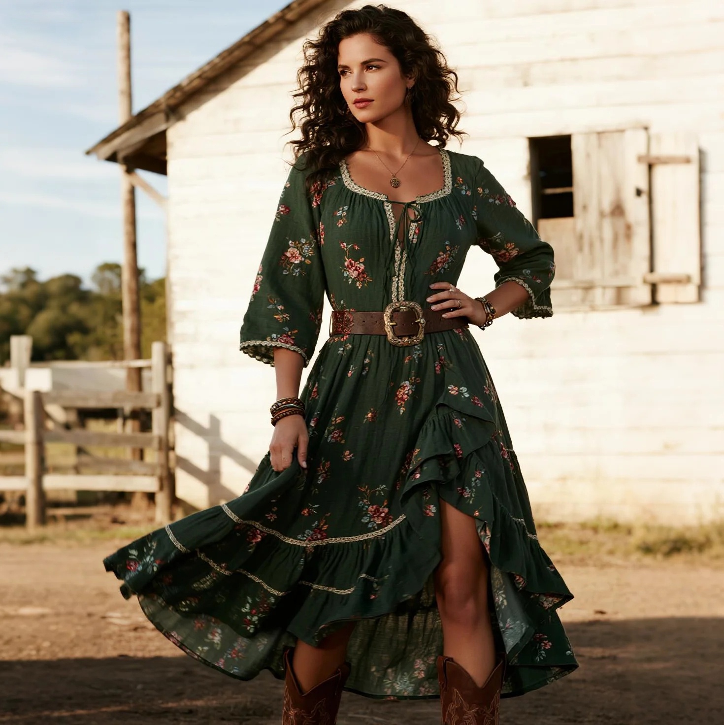 Western Retro Floral Long Sleeve Dress
