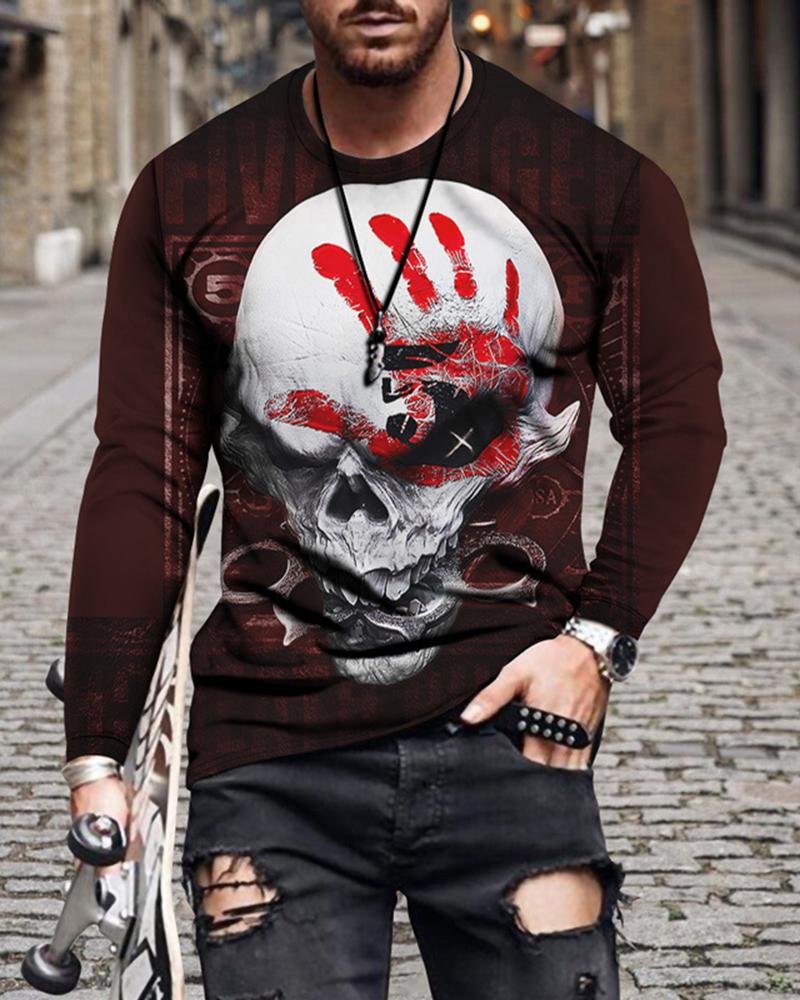 men's skull print long-sleeved T-shirt