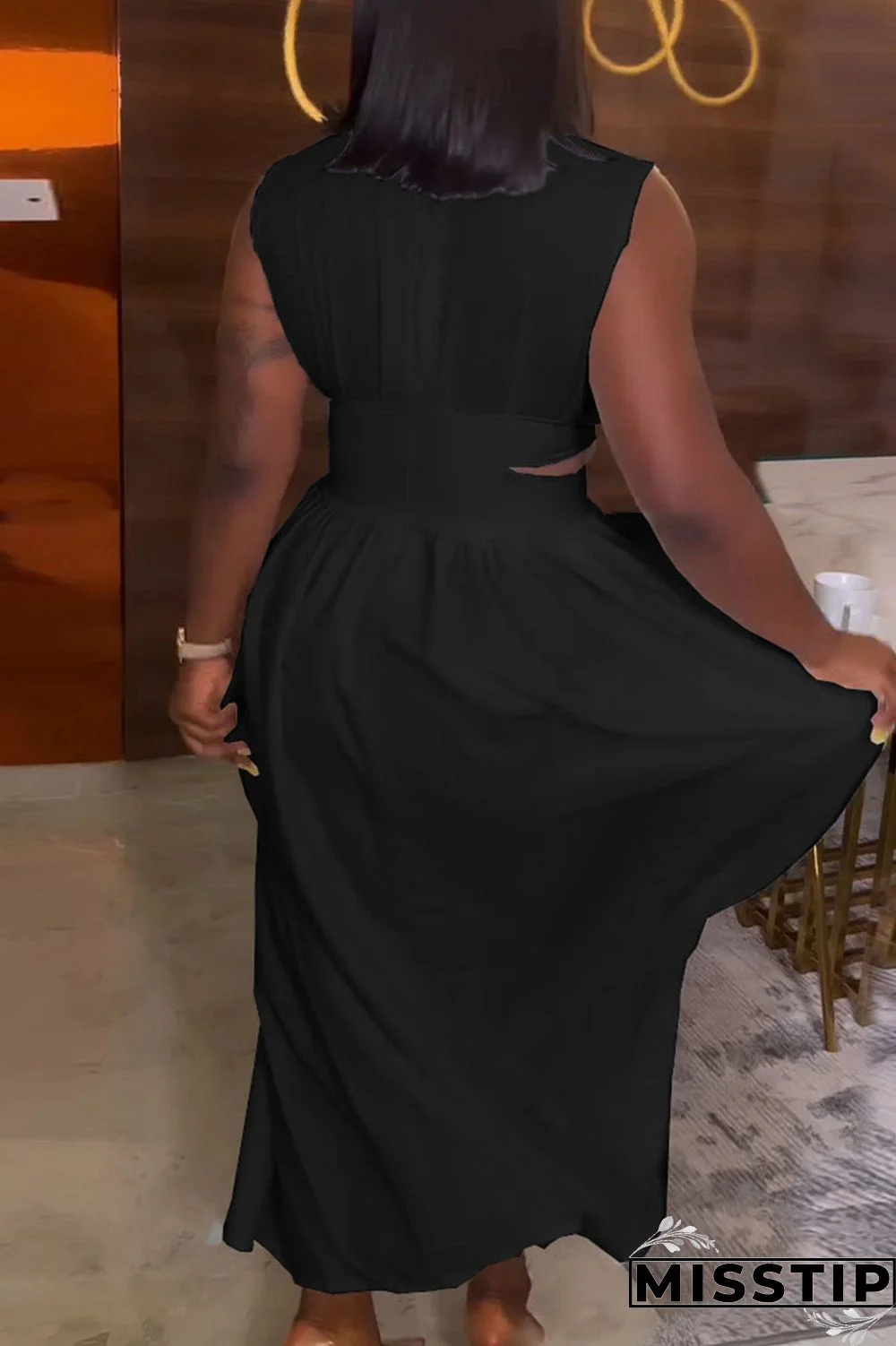 Black Elegant Solid Hollowed Out Patchwork Half A Turtleneck A Line Dresses