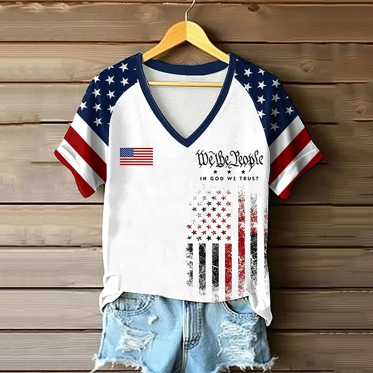 Women's Vintage Flag We The People In God We Trust Print V Neck T-shirt
