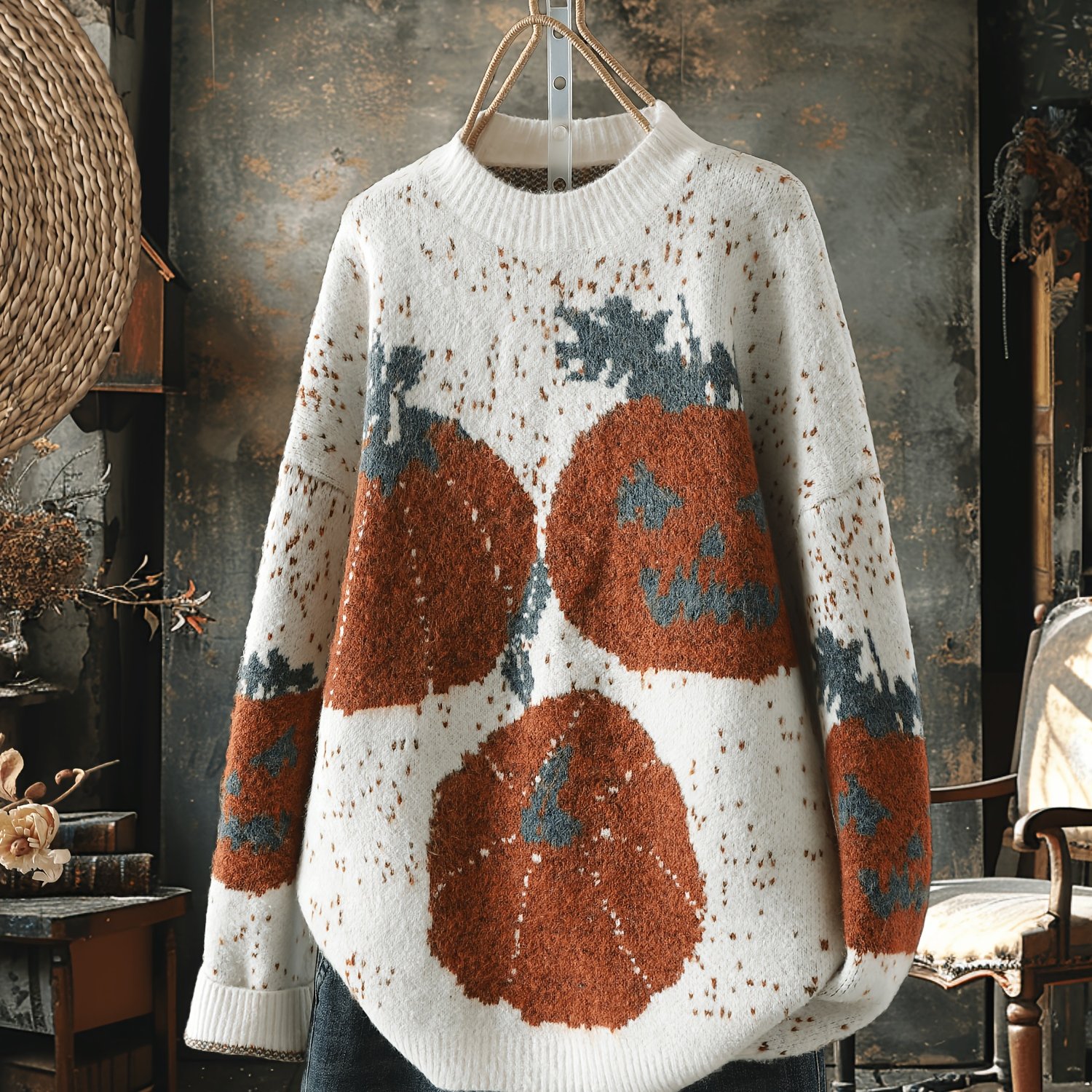 Plus Size Pumpkin Pattern Knitted Sweater