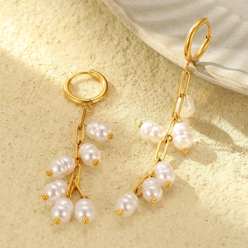 1 Pair Temperament 18K Real Gold Stainless Steel Imitation Pearl Tassel Long Earrings Earrings Women’s Daily Holiday Earrings