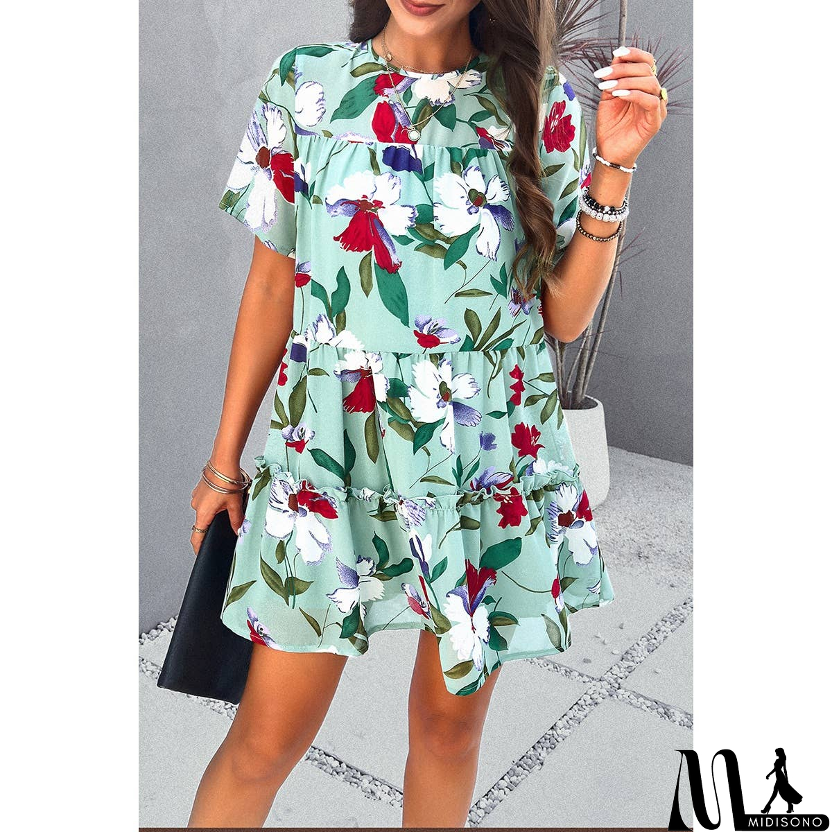 MidiSono - Knot Back Floral Lined Ruffle Loose Dress