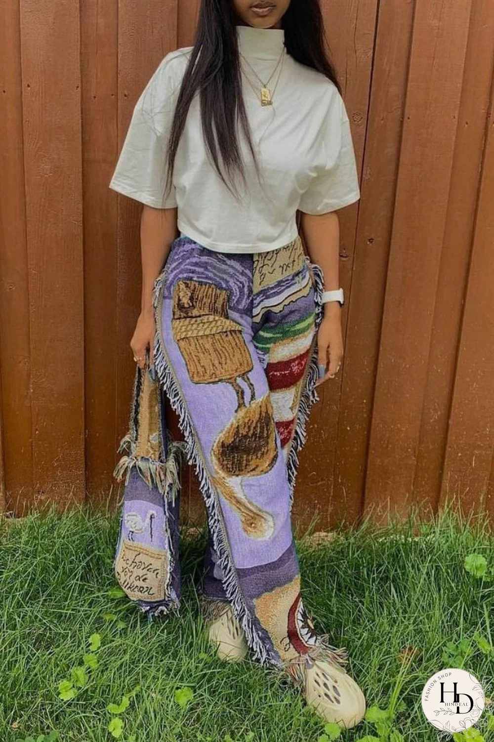 Sky Blue Casual Print Tassel Patchwork Regular High Waist Conventional Full Print Trousers