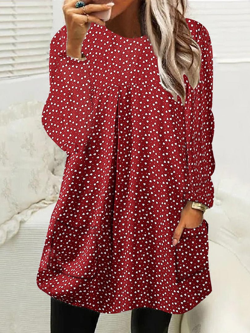 (PRE ORDER)Women Long Sleeve Scoop Neck Printed Pockets Tops