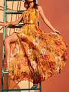 Floral-Print Backless Bandage Bohemia Pleated Maxi Dress