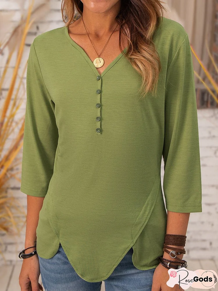 V Neck Folds Cotton 3/4 Sleeve T-Shirt