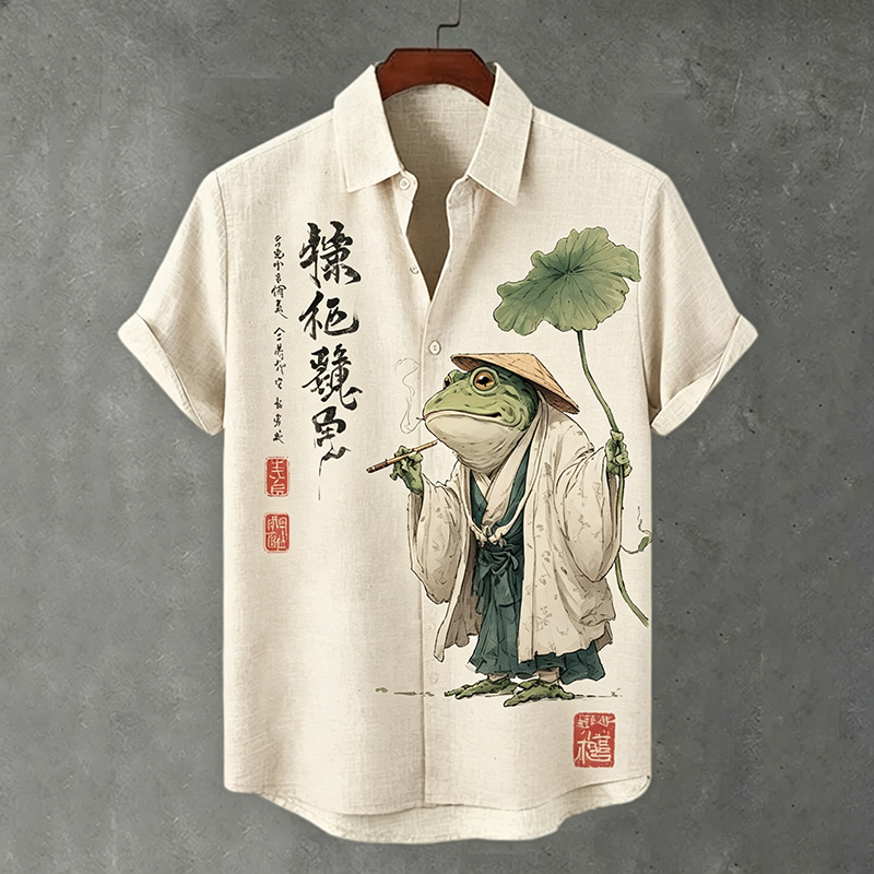 Comstylish Men's Japanese-style Frog Print Casual Short-sleeved Shirt