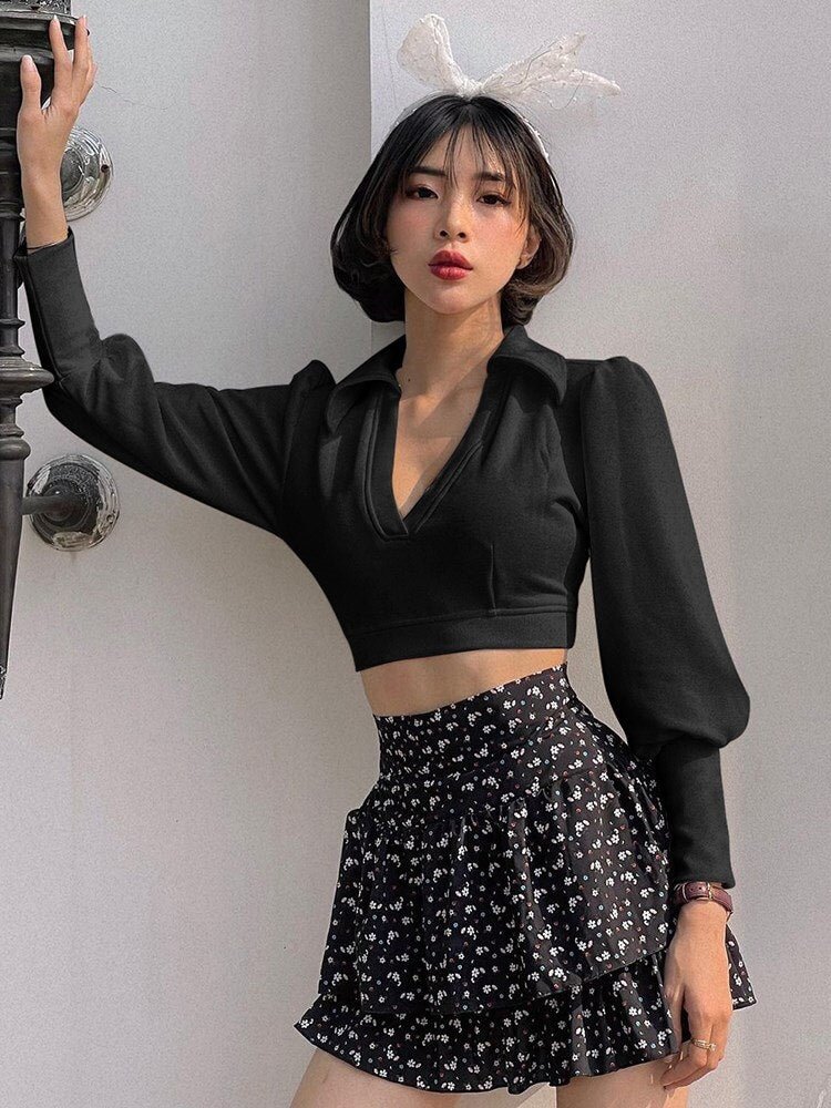 Wannathis Sexy Puff Sleeve Cropped Top For Women Casual Turn Down Collar Streetwear Daily Wear Solid Autumn 2021 Slim Female Tee