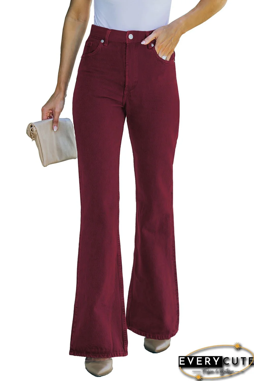 Burgundy High Waist Flare Jeans with Pockets