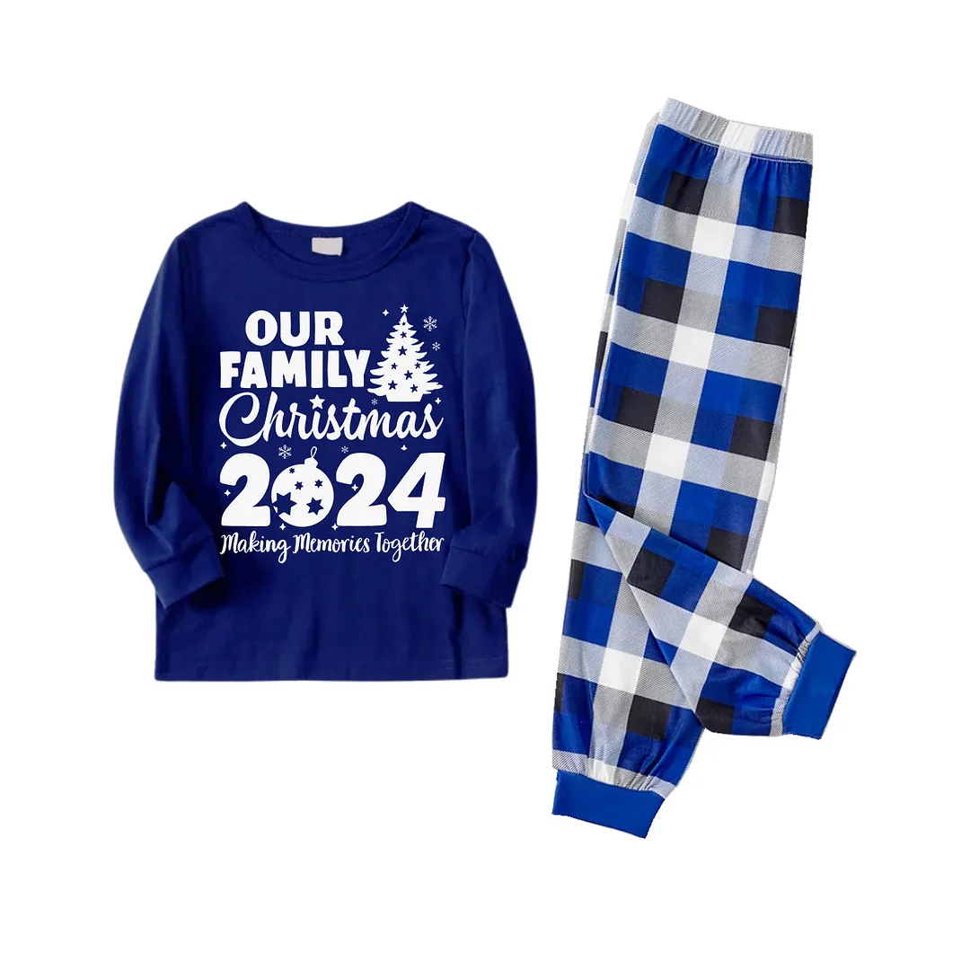 'Our Family Chirstmas 2024 Making Memories Together' Letter Print (White) Blue Long Sleeves with Blue&White&Black Plaid Pants Family Matching Pajamas