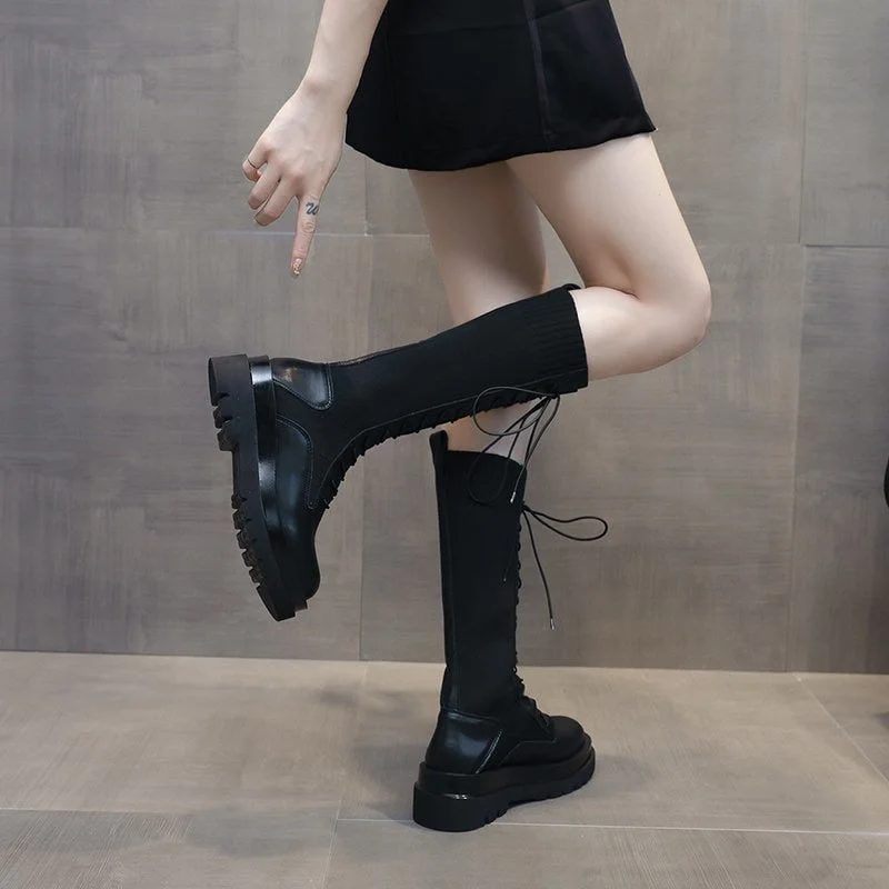 Women Sock Boots Autumn Lace up Mid Calf Boots Female High Platform Sock Shoes Fashion Beige Stockings Boots  Mid-calf