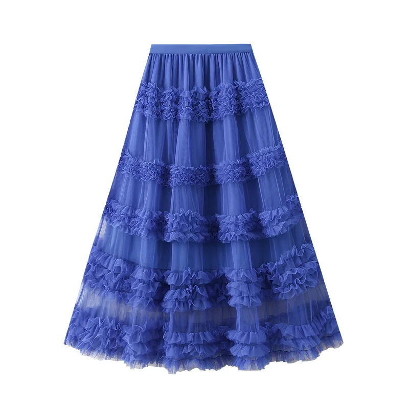 Nigikala Nigikala Heavy Industry Lace Cake Skirt Long Skirt Sweet Wind High Waist Wood Ear Net Yarn Skirt 1276