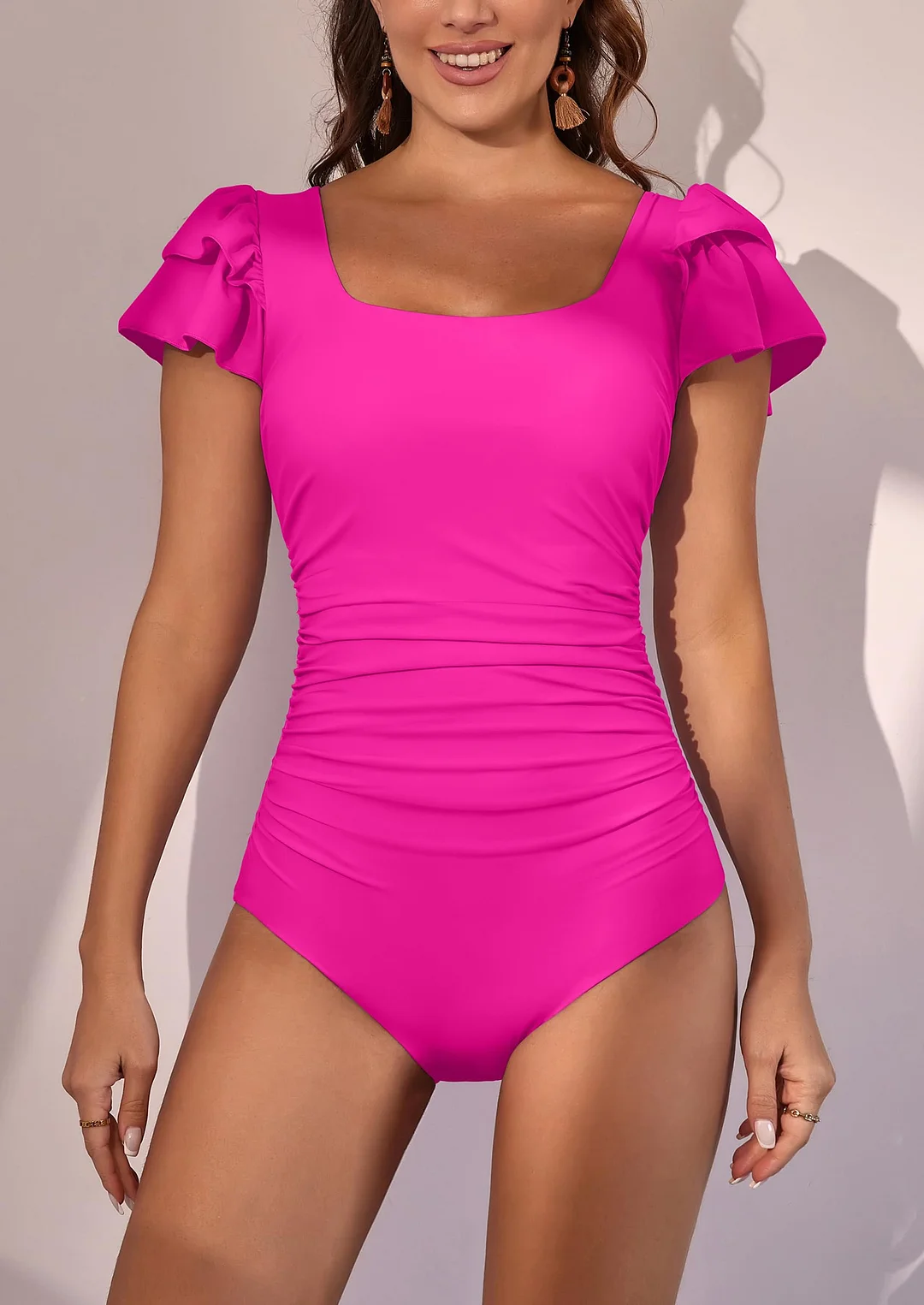 Ruffle Square Neck Tummy Control One Piece Swimsuit