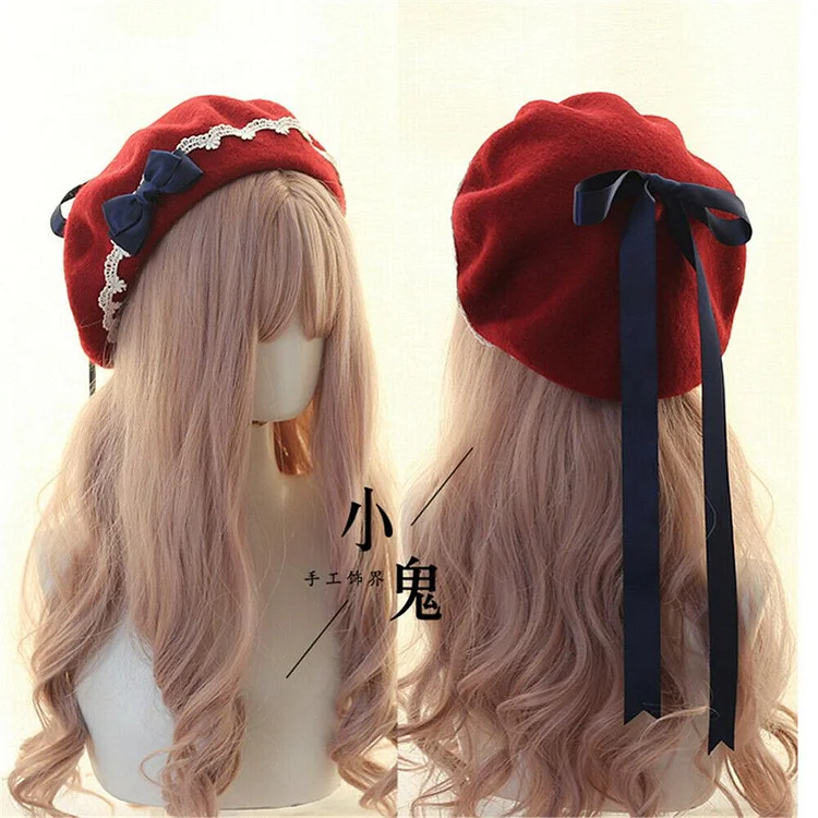 Japanese Kawaii Lolita Bow Ribbon Beret Wool Beanie SP16664