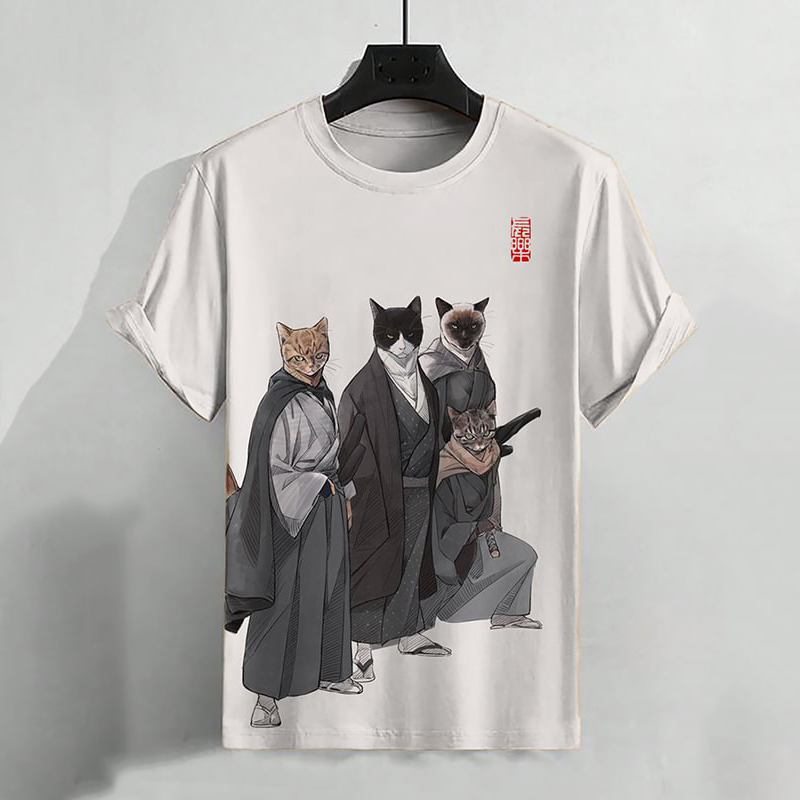 Men'S Retro Japanese Samurai Cat Graphic Print Short Sleeve T-Shirt  artssus