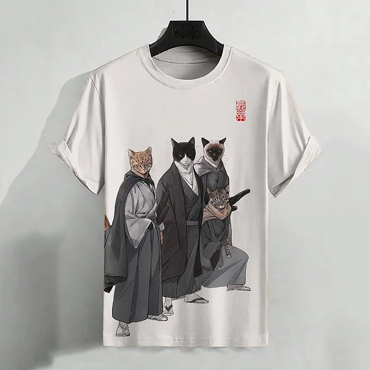 Men'S Retro Japanese Samurai Cat Graphic Print Short Sleeve T-Shirt