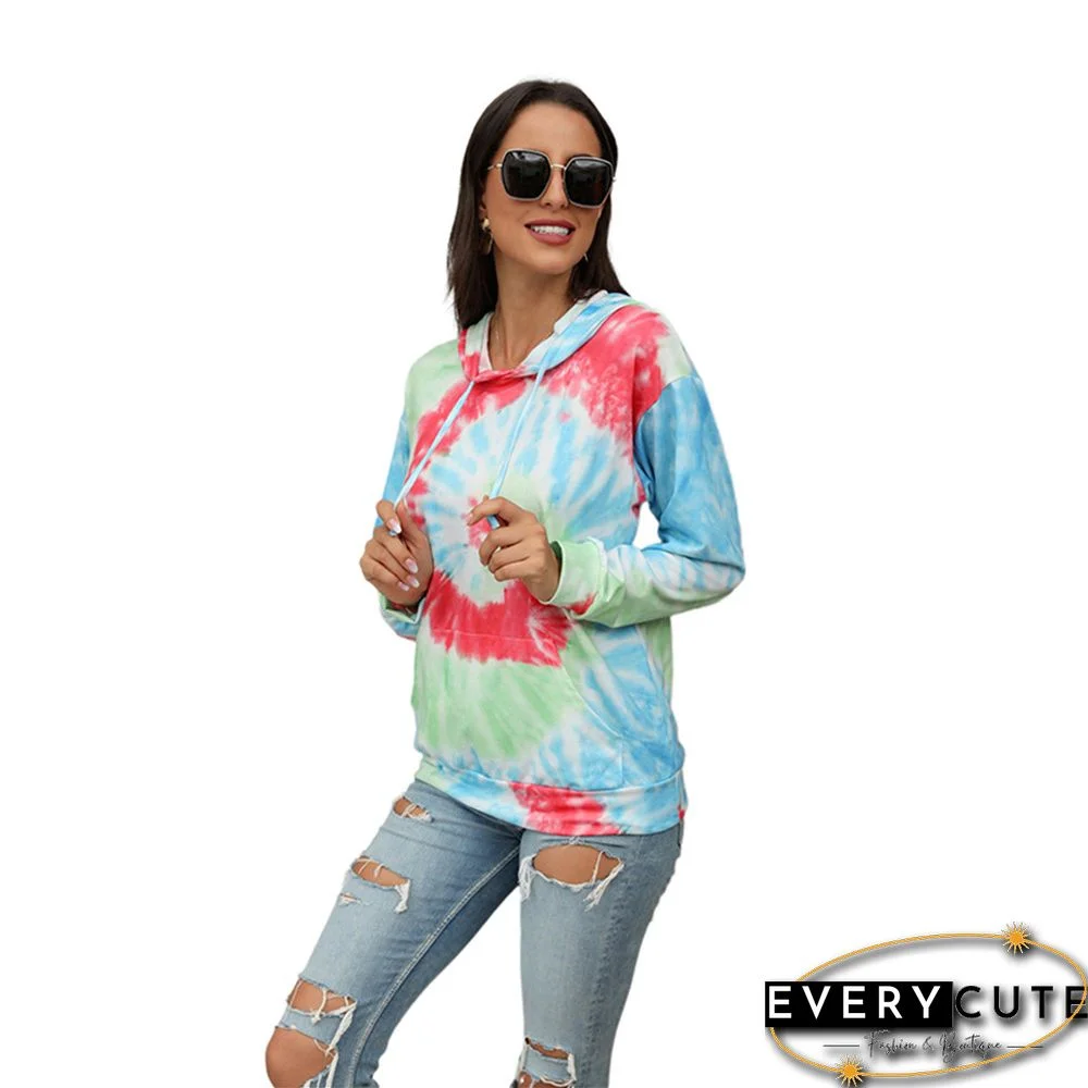 Red Tie Dye Print Long Sleeve Drawstring Hoodie