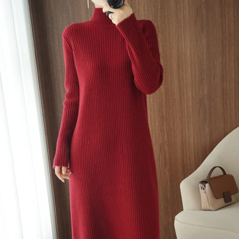 Churchf Churchf Autumn Winter 2 Half High Collar Over The Knee Loose Knit Dress Long Style Lazy Wind Dress