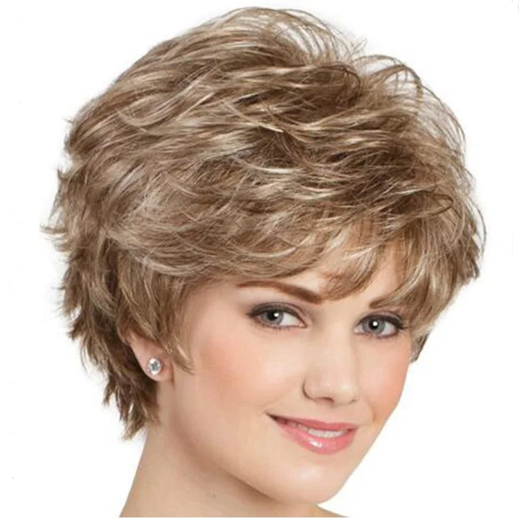 Blonde Highlight Brown Pixie cut Wavy Wigs