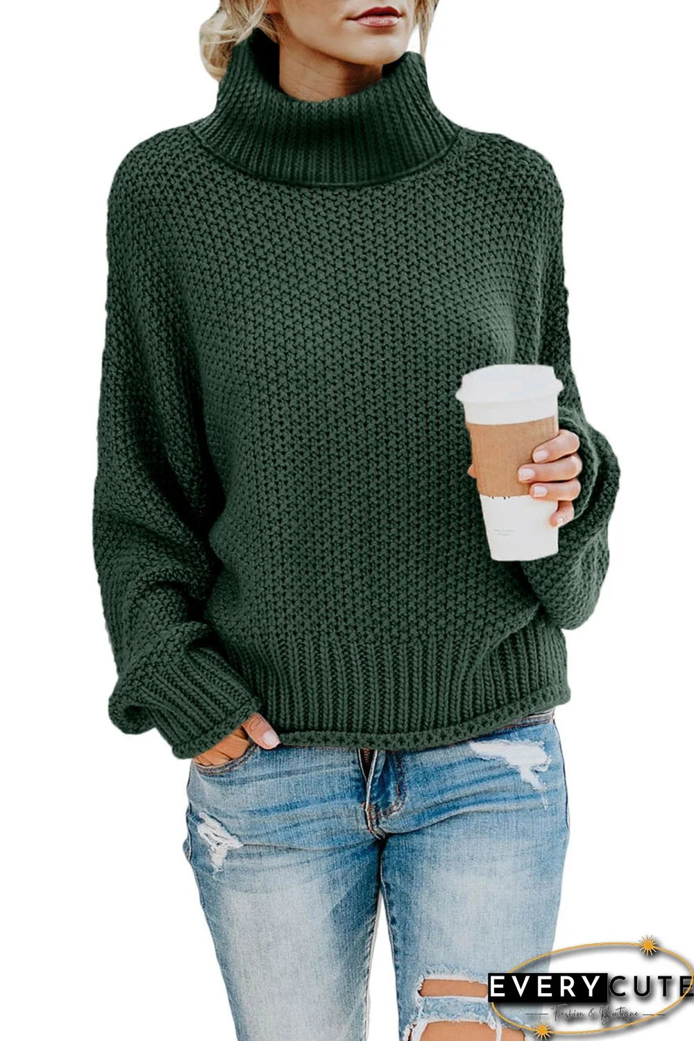 Green Turtleneck Balloon Long Sleeve Pullover Sweater