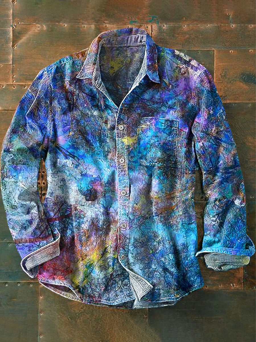 Men's Vintage Colorful Abstract Art Print Long Sleeve Pocket Shirt