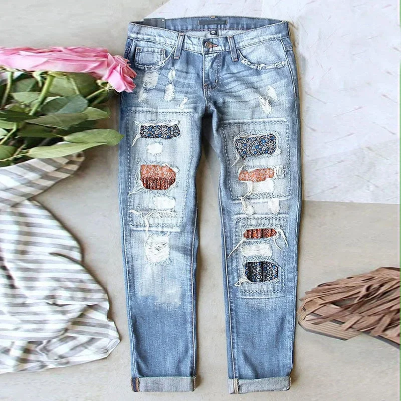 Stretch Ripped Frayed Raw Hem Distressed Denim Jeans with Holes and Pockets Blue, Floral