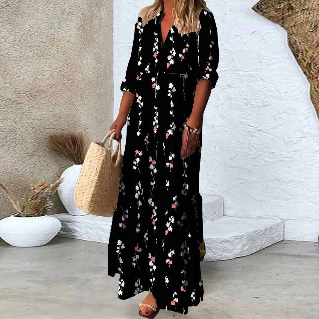 Women Floral, Black, White, Red DZDN1036 SPU Printed Long Sleeve V-neck Maxi Dress